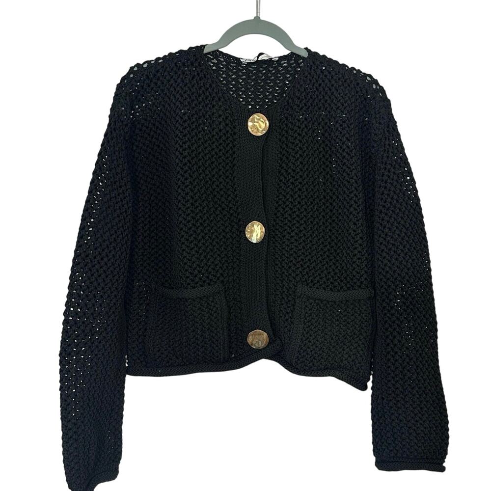 ZARA Chunky Open Knit Black Cardigan Sweater Gold Hammered Buttons - Sz M - NWT
